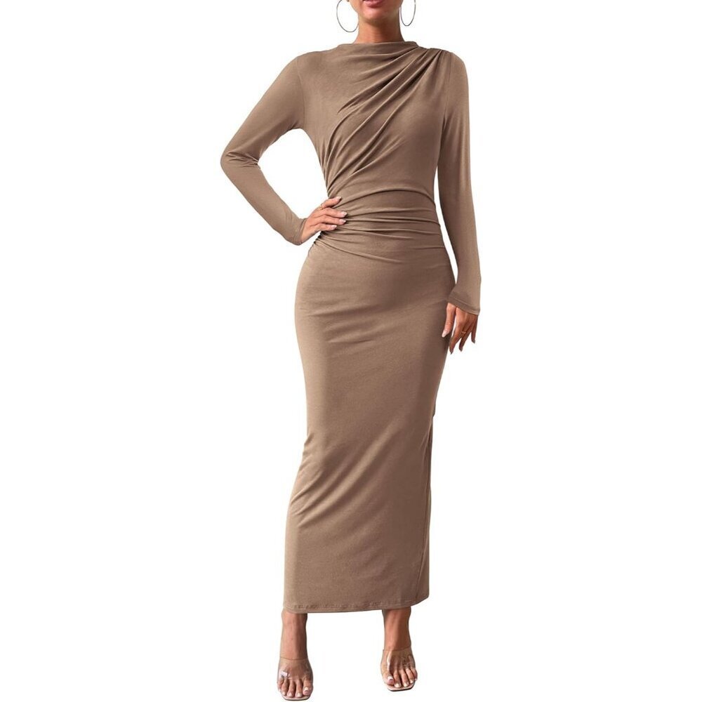 Women Bodycon Maxi Dress Long Sleeve Ruched Back Slit Elegant Party Dress